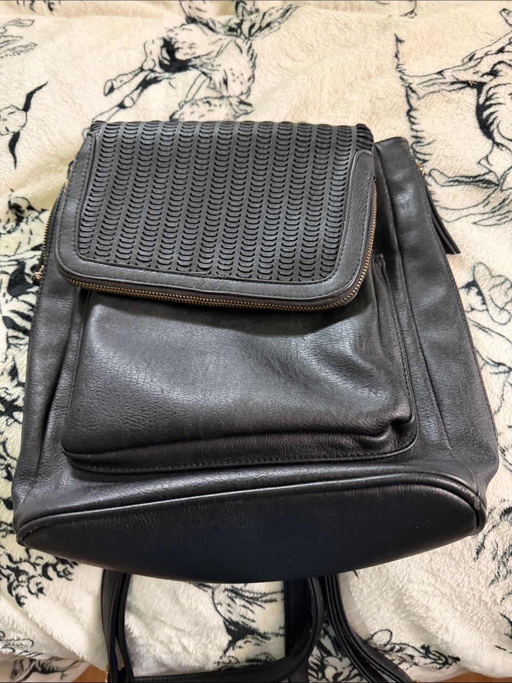 Black Textured Flap Leather Backpack for Men